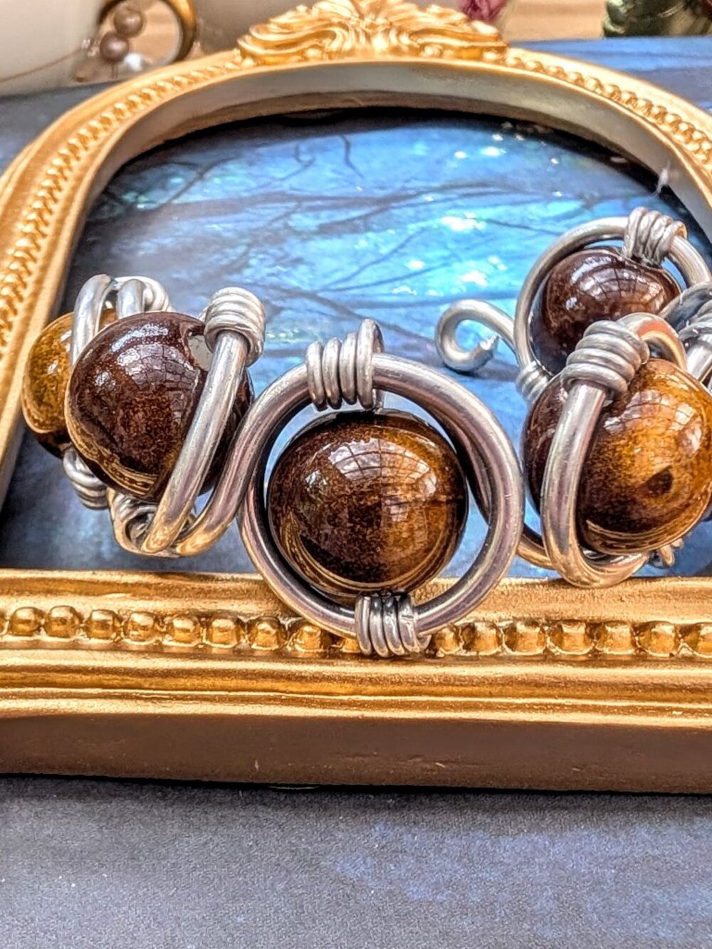 Vintage Tiger's Eye Bead Chunky Bracelet Wrapped in Silver Tone Setting